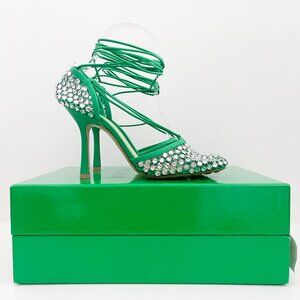 Bottega Veneta Sparkle Stretch Lace-Up Sandal Mesh Crystals Parakeet Green